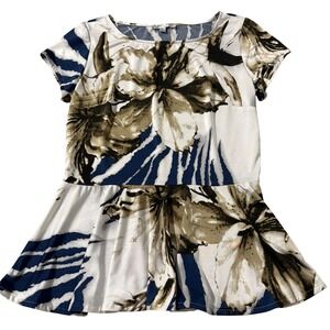 Alberto Makali Floral Zebra Print Peplum Top Short Sleeve Navy Olive White M